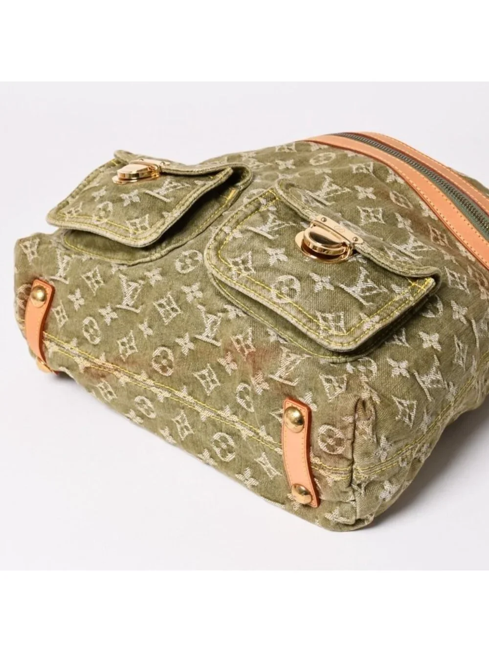 Louis Vuitton Monogram Denim Baggy GM Green White Gold Vachetta Leather